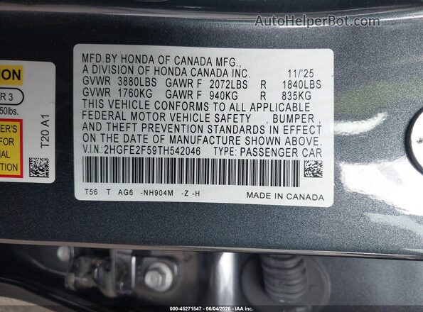 2HGFE2F59TH542046 2026 HONDA CIVIC Gray Widok komory silnika