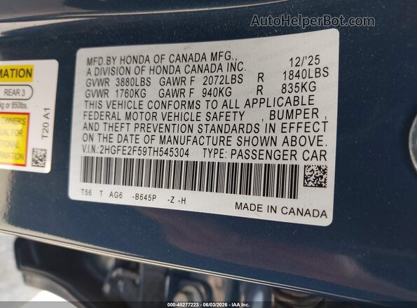 2HGFE2F59TH545304 2026 HONDA CIVIC Blue Vista del compartimento del motor