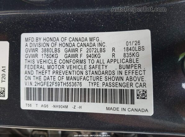 2HGFE2F59TH553676 2026 HONDA CIVIC Black ძრავის განყოფილების ხედი