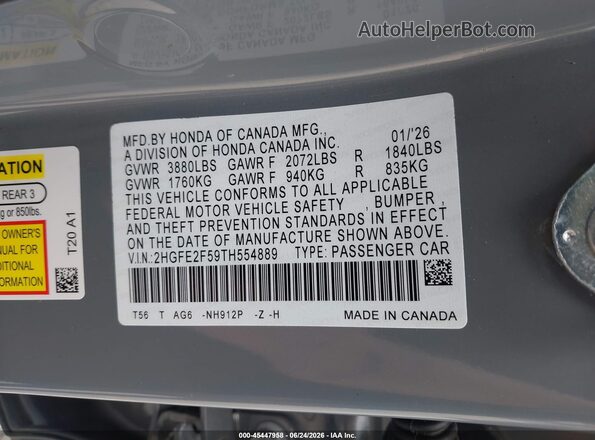 2HGFE2F59TH554889 2026 HONDA CIVIC Gray Engine compartment view