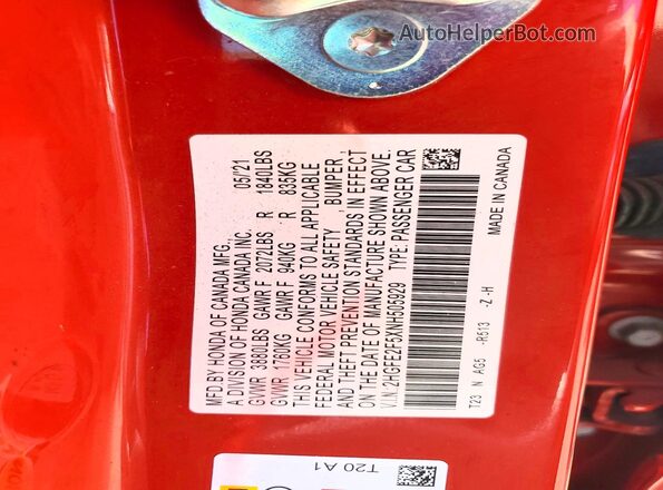 2HGFE2F5XNH505929 2022 HONDA CIVIC Красный 