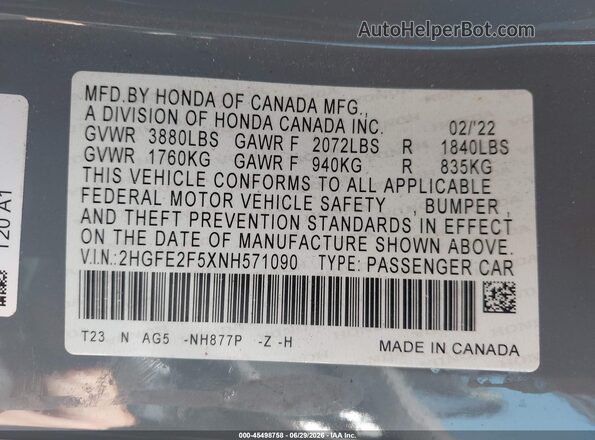 2HGFE2F5XNH571090 2022 HONDA CIVIC Blue Vista del compartimento del motor