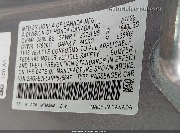 2HGFE2F5XNH595647 2022 HONDA CIVIC Silver Engine compartment view