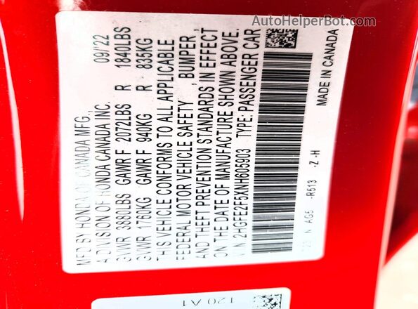 2HGFE2F5XNH605903 2022 HONDA CIVIC Red 