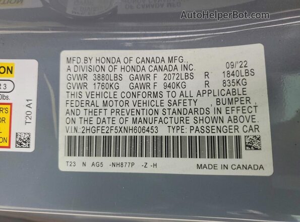 2HGFE2F5XNH606453 2022 HONDA CIVIC Gray 