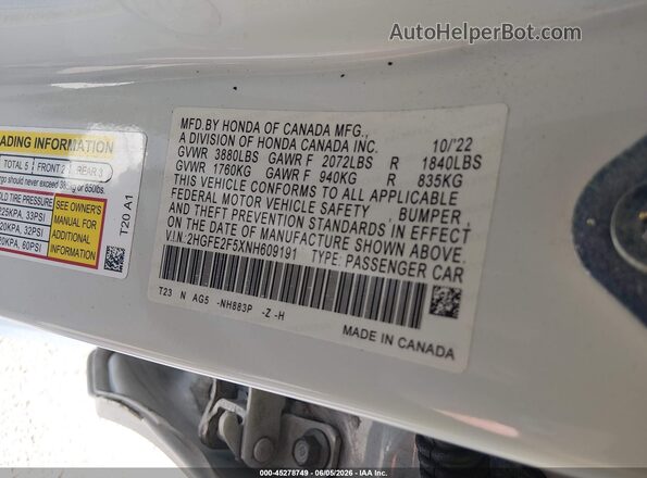 2HGFE2F5XNH609191 2022 HONDA CIVIC White Вид підкапотного простору