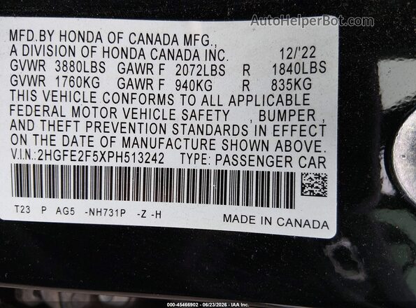2HGFE2F5XPH513242 2023 HONDA CIVIC Black Widok komory silnika