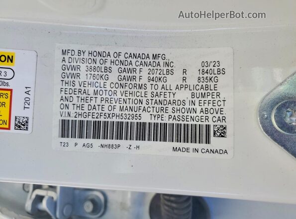 2HGFE2F5XPH532955 2023 HONDA CIVIC White Widok naklejki z numerem VIN