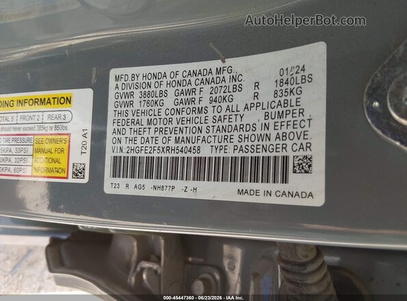 2HGFE2F5XRH540458 2024 HONDA CIVIC Gray Շարժիչի բաժամունքի տեսք