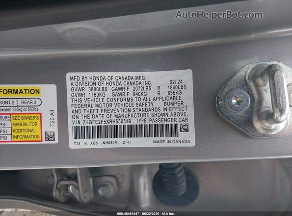2HGFE2F5XRH550519 2024 HONDA CIVIC Silver Engine compartment view