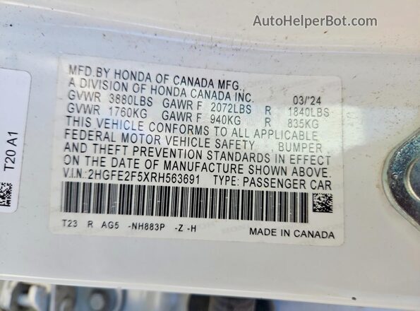 2HGFE2F5XRH563691 2024 HONDA CIVIC White 
