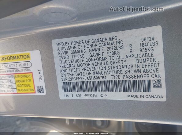 2HGFE2F5XSH505764 2025 HONDA CIVIC Silver Widok komory silnika