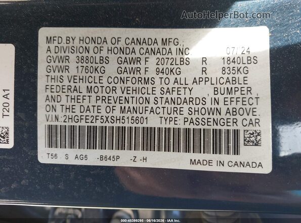 2HGFE2F5XSH515601 2025 HONDA CIVIC Dark Blue Vista del compartimento del motor