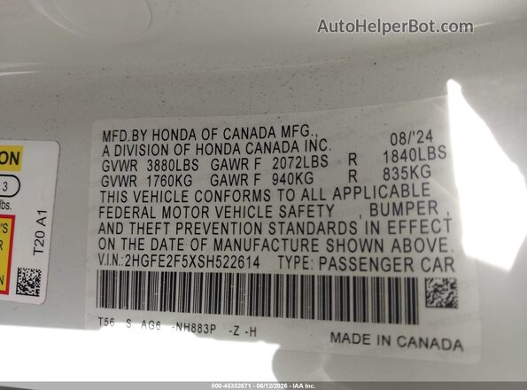 2HGFE2F5XSH522614 2025 HONDA CIVIC White Engine compartment view