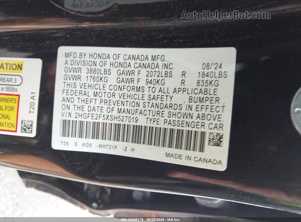 2HGFE2F5XSH527019 2025 HONDA CIVIC Black Engine compartment view