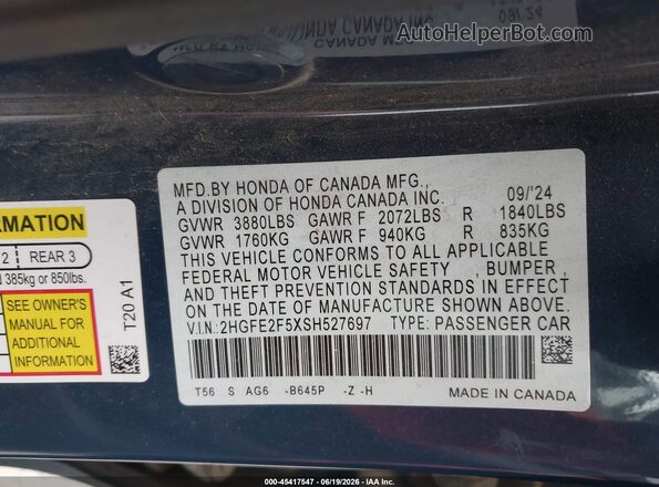 2HGFE2F5XSH527697 2025 HONDA CIVIC Blue Вид підкапотного простору