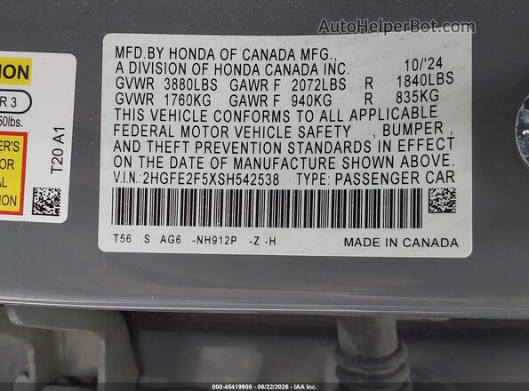 2HGFE2F5XSH542538 2025 HONDA CIVIC Gray Widok komory silnika