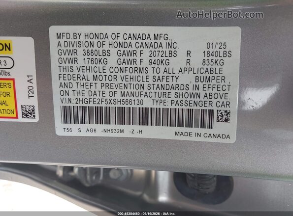 2HGFE2F5XSH566130 2025 HONDA CIVIC Silver Շարժիչի բաժամունքի տեսք