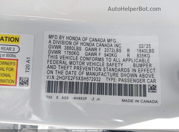 2HGFE2F5XSH572932 2025 HONDA CIVIC White Շարժիչի բաժամունքի տեսք
