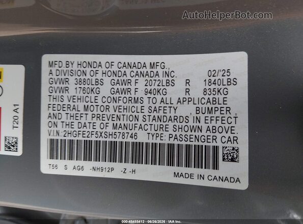 2HGFE2F5XSH578746 2025 HONDA CIVIC Серый Вид подкапотного пространства