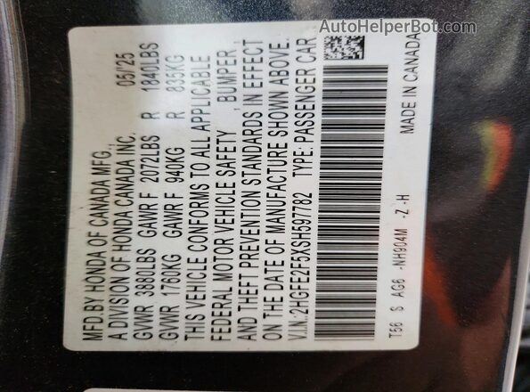 2HGFE2F5XSH597782 2025 HONDA CIVIC Gray 