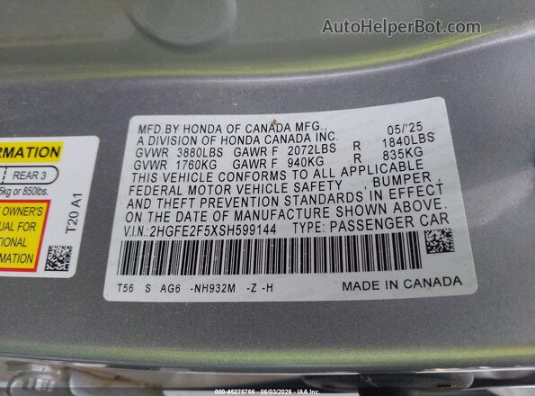 2HGFE2F5XSH599144 2025 HONDA CIVIC Silver 