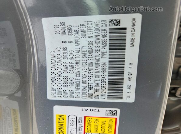 2HGFE2F5XSH606884 2025 HONDA CIVIC Gray Widok naklejki z numerem VIN