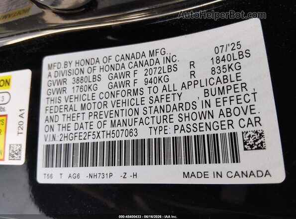 2HGFE2F5XTH507063 2026 HONDA CIVIC Black ძრავის განყოფილების ხედი