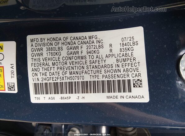 2HGFE2F5XTH507970 2026 HONDA CIVIC Blue Շարժիչի բաժամունքի տեսք