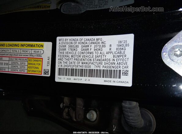 2HGFE2F5XTH515535 2026 HONDA CIVIC Черный Вид подкапотного пространства
