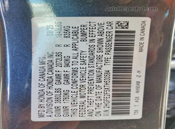 2HGFE2F5XTH530584 2026 HONDA CIVIC Угольный Вид наклейки с VIN-кодом