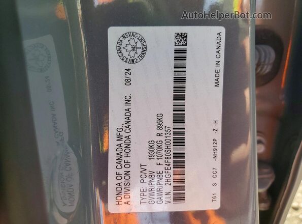 2HGFE4F80SH001357 2025 HONDA CIVIC Gray VIN կոդի պիտակի տեսք