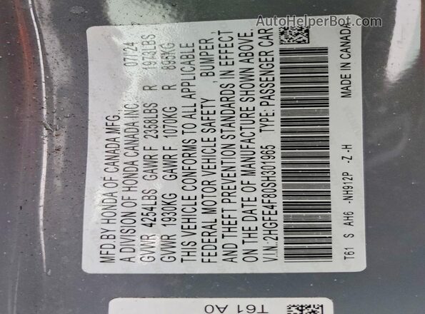 2HGFE4F80SH301965 2025 HONDA CIVIC Серый 