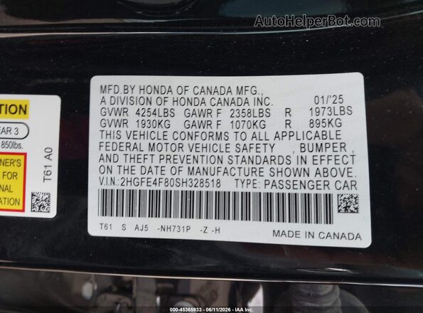 2HGFE4F80SH328518 2025 HONDA CIVIC Black Vista del compartimento del motor