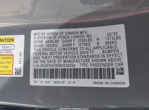 2HGFE4F80SH334254 2025 HONDA CIVIC Gray Widok komory silnika