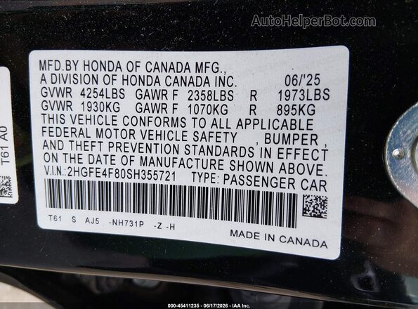 2HGFE4F80SH355721 2025 HONDA CIVIC Black Widok komory silnika