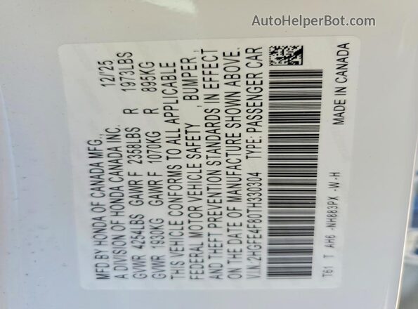2HGFE4F80TH330304 2026 HONDA CIVIC Белый Вид подкапотного пространства