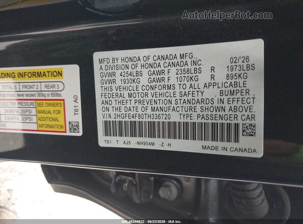 2HGFE4F80TH336720 2026 HONDA CIVIC Gray Շարժիչի բաժամունքի տեսք