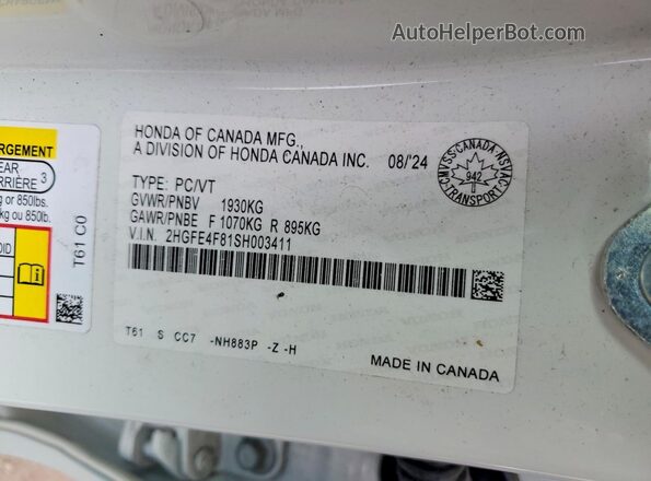 2HGFE4F81SH003411 2025 HONDA CIVIC Белый 