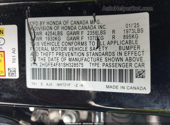 2HGFE4F81SH328575 2025 HONDA CIVIC Black Widok komory silnika