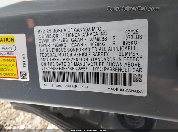 2HGFE4F81SH335557 2025 HONDA CIVIC HYBRID Gray 