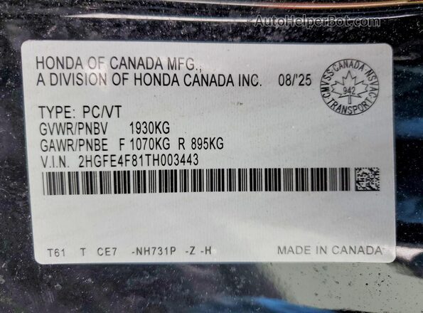 2HGFE4F81TH003443 2026 HONDA CIVIC Black Vista del compartimento del motor