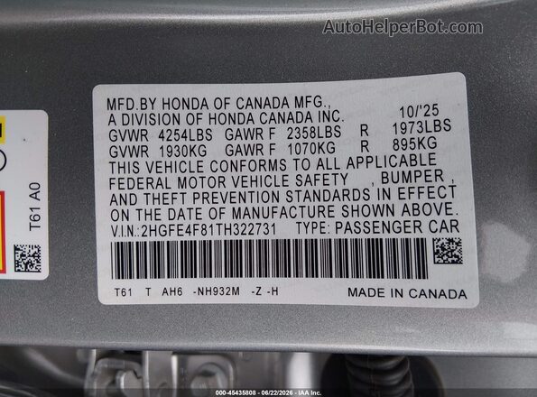 2HGFE4F81TH322731 2026 HONDA CIVIC Silver Вид підкапотного простору