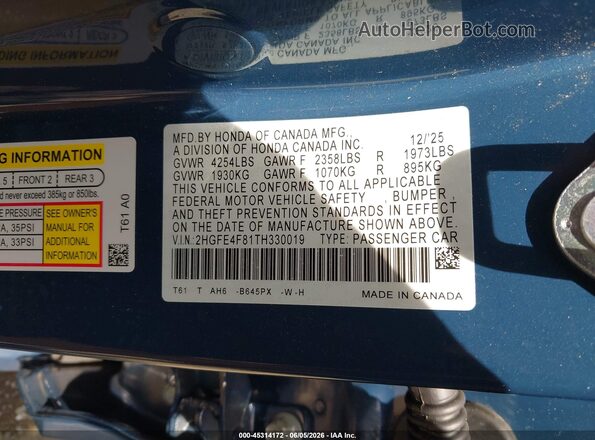 2HGFE4F81TH330019 2026 HONDA CIVIC Blue ძრავის განყოფილების ხედი