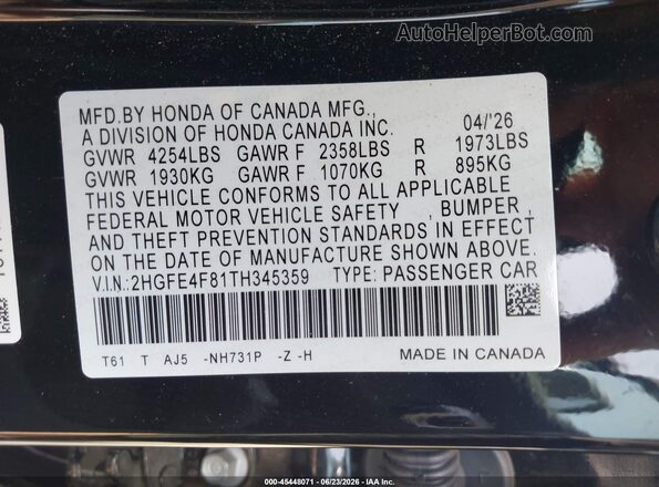 2HGFE4F81TH345359 2026 HONDA CIVIC HYBRID Black Շարժիչի բաժամունքի տեսք