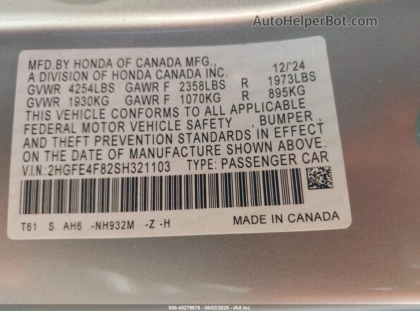 2HGFE4F82SH321103 2025 HONDA CIVIC Gray Engine compartment view