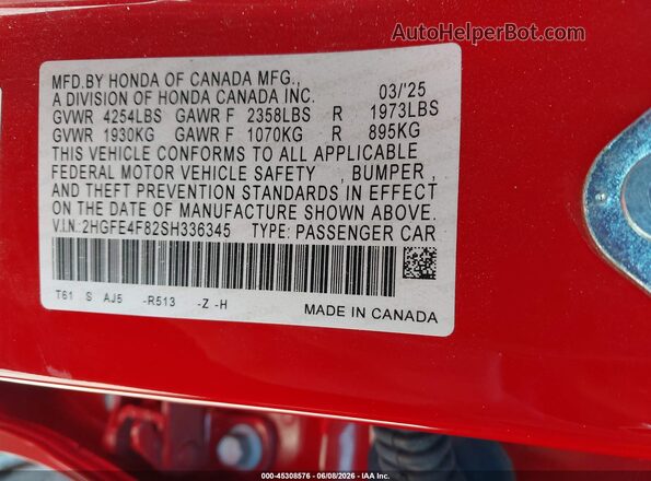 2HGFE4F82SH336345 2025 HONDA CIVIC HYBRID Red Շարժիչի բաժամունքի տեսք