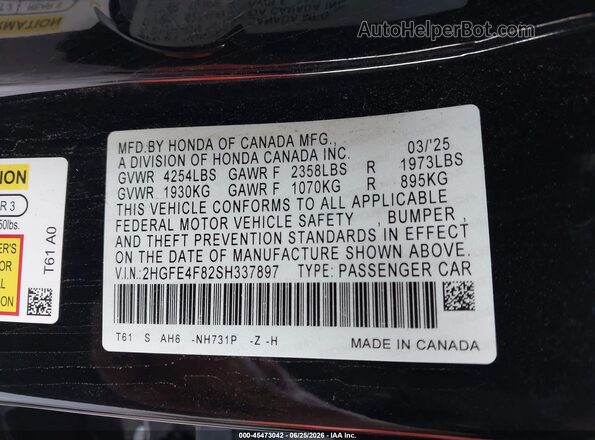 2HGFE4F82SH337897 2025 HONDA CIVIC Black Շարժիչի բաժամունքի տեսք