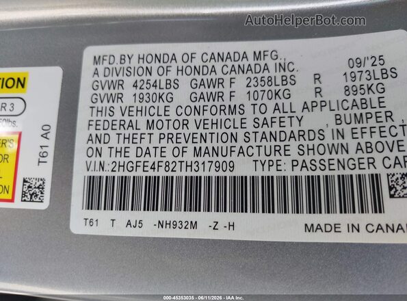 2HGFE4F82TH317909 2026 HONDA CIVIC Silver Widok komory silnika