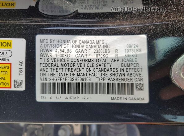 2HGFE4F83SH306108 2025 HONDA CIVIC Черный Вид подкапотного пространства